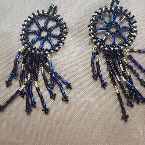 Handmade Beaded Chandelier Shepard's Hook Earrings Black Iridescent and Gold 4" - Picture 10 of 16